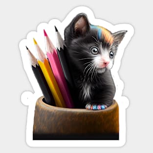 Small cat and colourful pencils Sticker